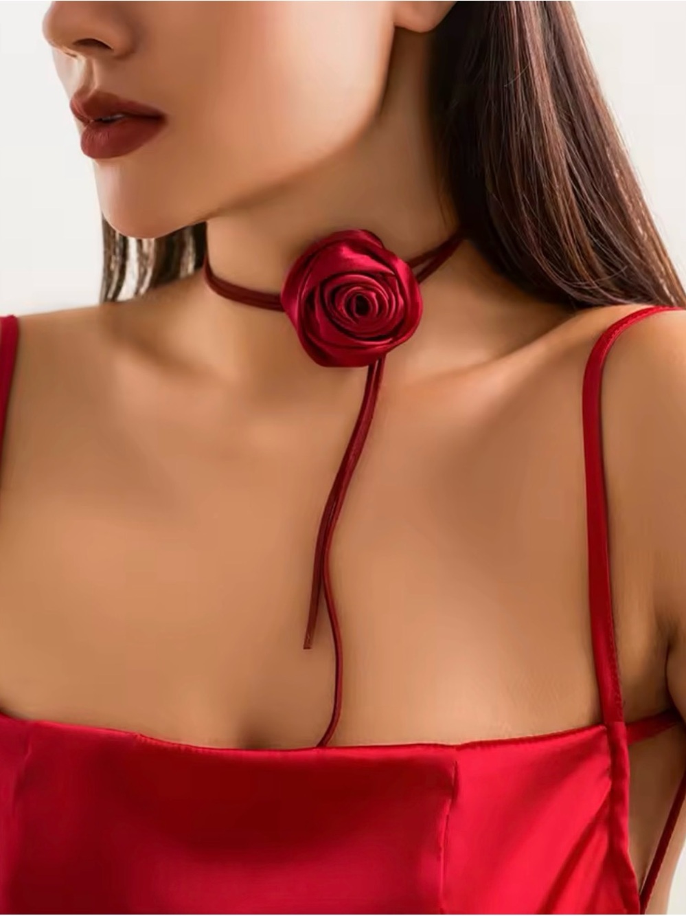 Red Rose Satin Choker Necklace - Elegant Women's Jewelry